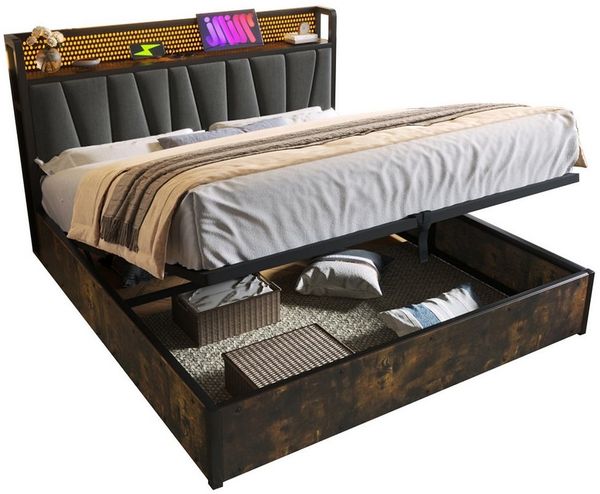 Flieks Polsterbett, LED Metallbett Holzbett mit Ladefunktion und Stauraum 160x200cm Bild 2