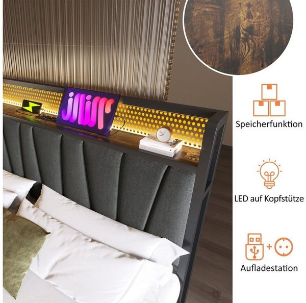 Flieks Polsterbett, LED Metallbett Holzbett mit Ladefunktion und Stauraum 160x200cm Bild 4