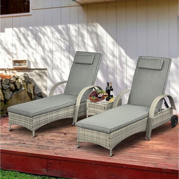 Outsunny Gartenlounge-Set 3er-Set, mit Rolle, (Liege, 3-tlg, Sonnenliege), für Garten, Balkon, Grau