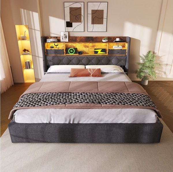MODFU Polsterbett LED-Bett mit 60.000 Farben (Struraumbett, Funktionsbett, 1-tlg, Grauer Leinenstoff, 180x200 cm, ohne Matratze), mit LED-Kopfteil, 4 Ladestation (USB/Type-C), Inkl. Lattenrost