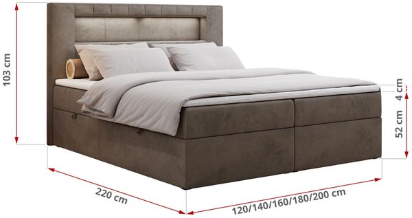 Boxspringbett - Polsterbett mit LED Kopfteil - GOLD-5 - 180x200cm - Braun Velours - H4 Bild 5
