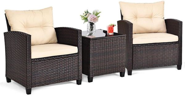 3tlg. Rattan Balkonset, Polyrattan Gartenmöbel Gartensitzgruppe mit Sitzkissen