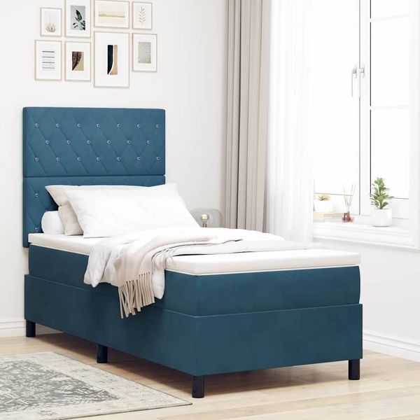 vidaXL LED Boxspringbett mit Matratze Dunkelblau 90 x 200 cm Samt 3343224