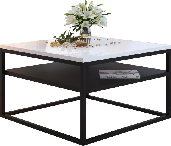 Domando Couchtisch Osimo Industrial für Wohnzimmer Breite 70cm, Hochglanz, pulverbeschichtetes Metallgestell in Schwarz und Weiß Hochglanz