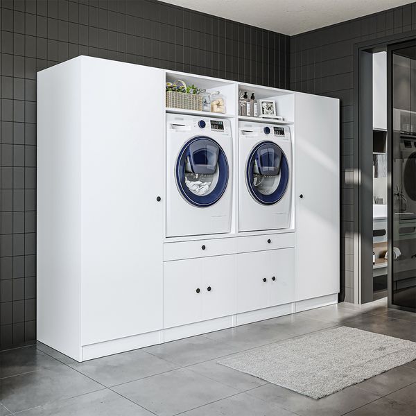 Roomart Schrankwand für Waschküche & Hauswirtschaftsraum - SERIE 1 - 254 cm breit – Waschmaschinen-Umbau & Stauraumschrank mit Ausziehbrett • Weiß