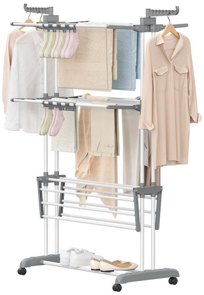 SONGMICS Wäscheständer Turm Standtrockner 4 Ebenen, Flügelwäscheständer, einfacher Aufbau, klappbar, rollbar, Sockenhalter, 63,5 x 128 x 173 cm