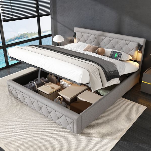 Polsterbett 180x200 cm mit Bettkasten, USB und Downlight, Leinen Grau, Lattenrost inklusive, ohne Matratze