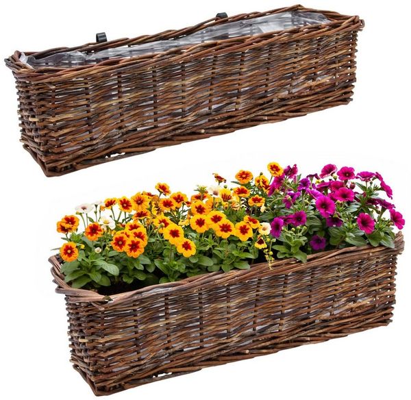 Spetebo Blumenkasten Rattan Balkonkasten eckig mit Folie (natur dunkel, 2 St, Stück), Rattan Blumenkasten mit Aufhängung für Geländer bis 3,5 cm