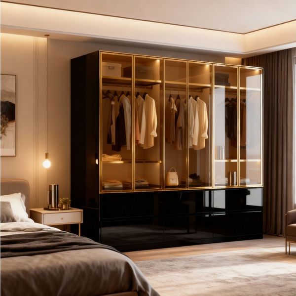 Palms-Store Kleiderschrank Luxemburg 6-Türig Glastüren mit goldfarbenen Glasrahmen (Spar-Set) Breite: 300 cm, Tiefe: 62 cm, Höhe: 218 cm, inkl. Zubehör