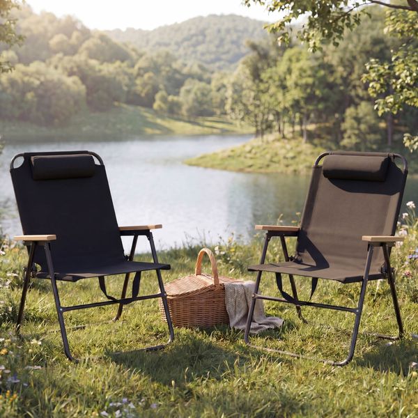 2er-Set Campingstuhl HWC-Q44, Gartenstuhl Balkonstuhl Freizeitstuhl, klappbar verstellbar Outdoor Metall Stoff ~ schwarz