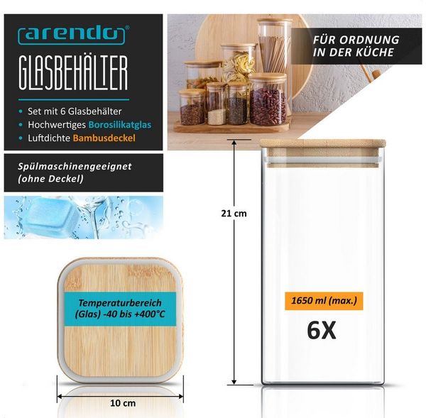 Arendo Aufbewahrungsbecher Glasbehälter-Set 6x 1,65 L Borosilikatglas mit Bambusdeckel, luftdicht, Borosilikatglas, Bambus, Silikon, (Vorratsbehälter-Set, 6-tlg, 6er Set), Hitzebeständig, umweltfreundlich, langlebig, mikrowellengeeignet