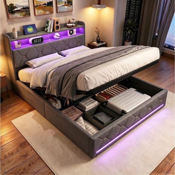 Gdood Polsterbett Stauraumbett Doppelbett LED (1 tlg, Inkl. Bettkasten), Mit LED-Beleuchtung, Ladefunktion, Leinen, 140x200 cm