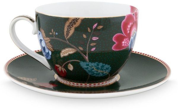 PiP Studio Tasse Fantasy Green Cappuccino Tasse mit Untertasse 0,28l, Porzellan