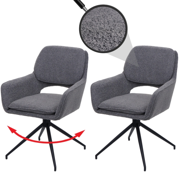 2er-Set Esszimmerstuhl HWC-N74, Küchenstuhl, drehbar Auto-Return, Stoff Bouclé (540g/m²) Öko-Tex ~ grau