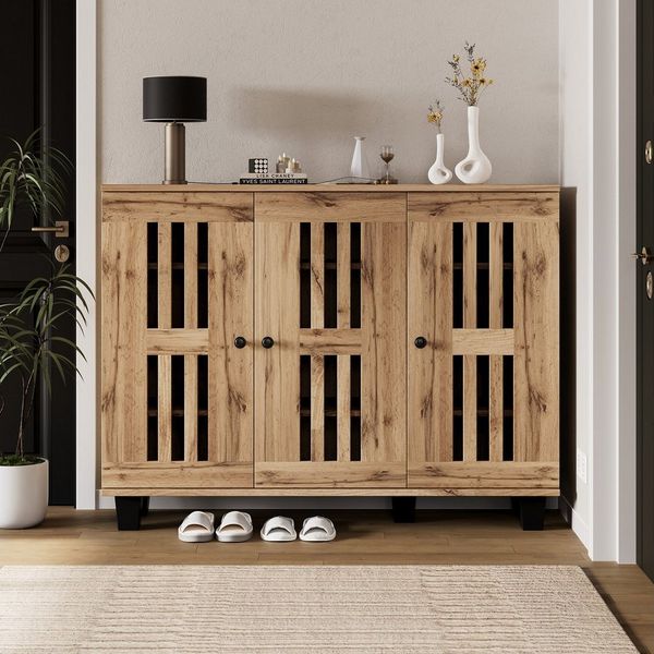 KLAM HOME Sideboard 120*32*92cm Seitenschrank, Modernes Küchenschrank mit Stauraum (Mit 3-türiger breiter Schrank, 8 unterteilte Ablagefächer), Geeignet für Wohnzimmer, Schlafzimmer, Büro und Eingangsbereich