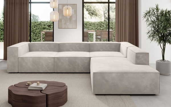 Luxusbetten24 Sofa Designer Sofa Lesley L in Samt, mit langer Ottomane