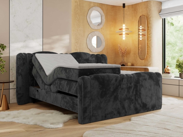 Elektrisch Boxspringbett Multipocket-Matratzen, elektrisch verstellbar, Polsterbett mit Bettkästen - FORTINA - 160 x 200 cm - Dunkelgrau Plüsch - H4