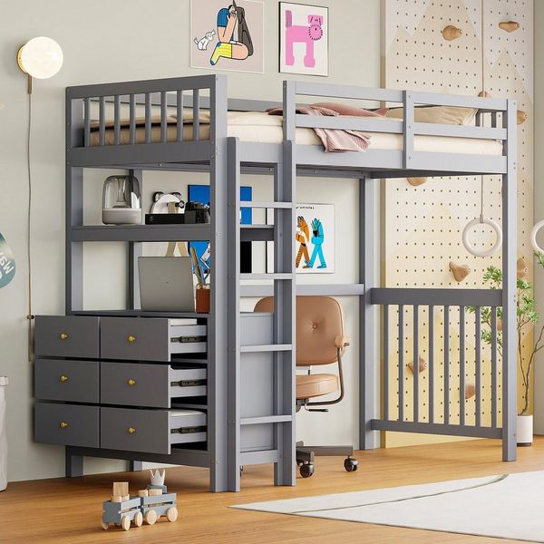 Flieks Hochbett Massivholz Kinderbett 90x200cm mit 6-Schubladen-Kommode und Regal