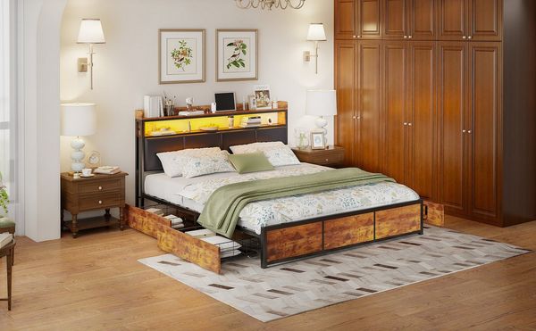 FUROKOY Polsterbett Doppelbett,Bettgestell (Holzbett mit Metall, 1-tlg, mit 4 Schubladen und Stauraumfunktion), 160x200cm