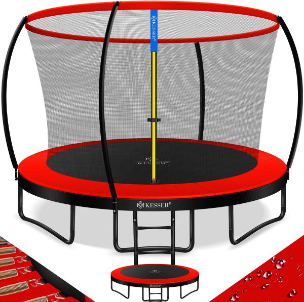 KESSER® Gartentrampolin Komplettset mit Sicherheitsnetz, Leiter, Randabdeckung & Zubehör, Rot/Schwarz, 305cm