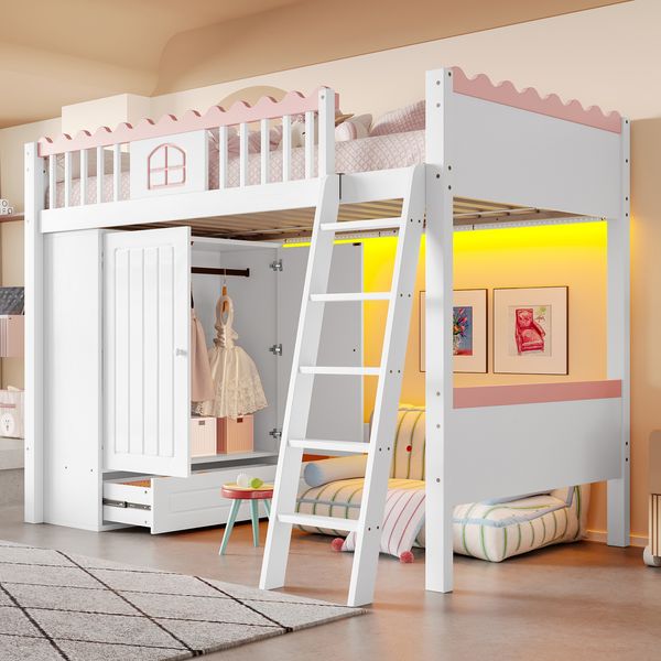 Hochbett 90x200 cm für Kinder mit LED-Beleuchtung, Kleiderschrank und Schubladen,Hochbett im Rosa-Weiß Design