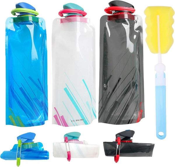 FELIXLEO Trinkflasche Faltbare Trinkflasche 3 Stueck 700ml Wasserflasche mit Buerste