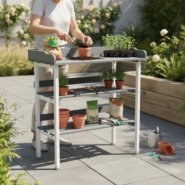 Melko Pflanztisch Gartenarbeitstisch Holz Pflanzregal mit Ablage Gärtnertisch (drei seitliche Haken ermöglichen das griffbereite Aufhängen von Werkzeugen, 1-St, Einsetzbar als Pflanztisch, Gartenarbeitstisch oder Beistelltisch), Integriertes Stauraumko...