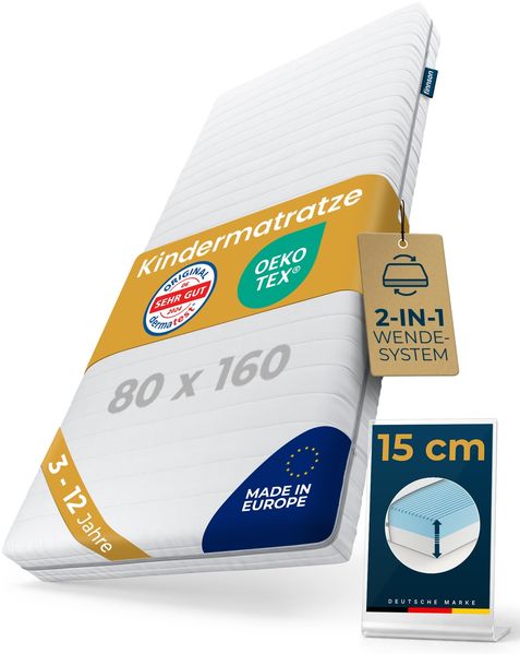 Sun Garden Kindermatratze 80x160 cm – 3–12 Jahre, 2-in-1 Mitwachs-System für Kinderbett & Jugendbett, Oeko-Tex & Dermatest „Sehr gut, 15 cm Komfortschaum RG28, Made in Europe