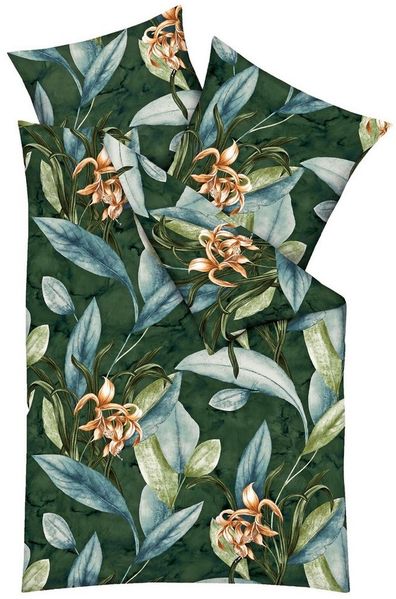 JACK Wendebettwäsche 135x200cm Asmara allover Natur oder Jade Grün, Biber, 2 teilig, wunderschönes Blättermotiv, Reißverschluss