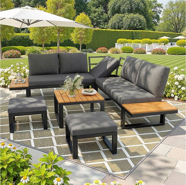 Celya Gartenlounge-Set 6-teiliges Lounge-Set mit verstellbarer Lehne, (mit Ecksofa, Couchtisch und Hockern, 5-fach verstellbare Rückenlehne, wetterfestes Stahlgestell), für Balkon und Terrasse