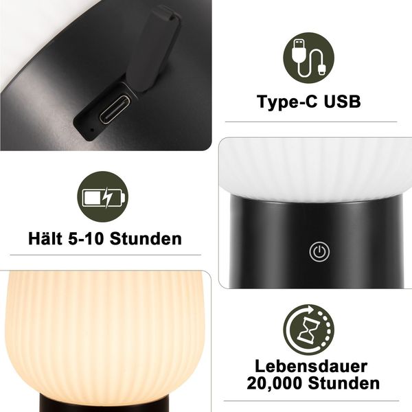 ZMH LED Nachttischlampe Akku Kabellos Aufladbar USB Weiß IP44 Wasserdicht Glas 3000K-6500K Dimmbar Touch Für Schlafzimmer Küche Bild 5