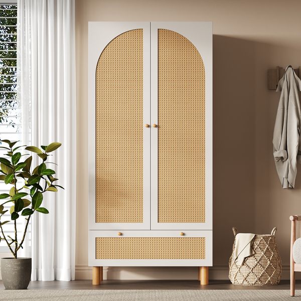 Landhaus Kleiderschrank Weiß Mit Rattan 180x85x52 cm Garderobenschrank Mit Höhenverstellbaren Regalen Und Schublade Hängebereich Landhausstil Wohnzimmerschrank Schlafzimmer Schrank