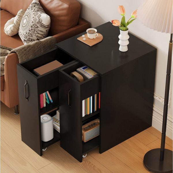 Flieks Bücherregal mit Rollen und 2 Schubladen Weiß/Schwarz, B52/T50/H75 cm 1-tlg, Mehrzweckschrank mit 6 Fächern Büroschrank Holzschrank Beistellschrank