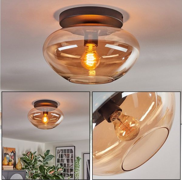 hofstein Deckenleuchte Deckenlampe aus Metall/Glas in Schwarz/Bernsteinfarben, ohne Leuchtmittel, Leuchte im Retro/Vintage-Design mit Glasschirm (30 cm), 1 x E27