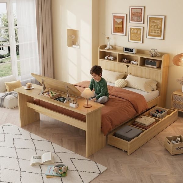 Novelux Kinderbett 140x200 mit Stauraum und Klapptisch – Holzbett Natur mit Kopfteilregal, Schublade, Lattenrost, flexible Montage, ohne Matratze