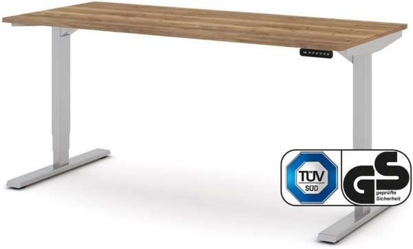 ASSMANN Elektrisch höhenverstellbarer Schreibtisch Y-Line 160x70cm Eiche Tabak Weißaluminium Metall Holz Melaminoberfläche