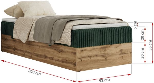 Boxspringbett, Einzelbett WOOD ZERO 90 x 200 cm, Hotelbett ohne Kopfteil, Bett mit Stauraum, 7-Zonen Multipocket-Matratze - Dunkelgrün Cordstoff - H3 - Topper T25 Bild 6