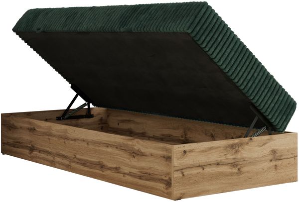 Boxspringbett, Einzelbett WOOD ZERO 90 x 200 cm, Hotelbett ohne Kopfteil, Bett mit Stauraum, 7-Zonen Multipocket-Matratze - Dunkelgrün Cordstoff - H3 - Topper T25 Bild 5