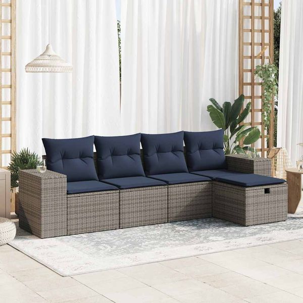 vidaXL 5-tlg. Garten-Sofagarnitur mit Kissen Grau Poly Rattan 3325667
