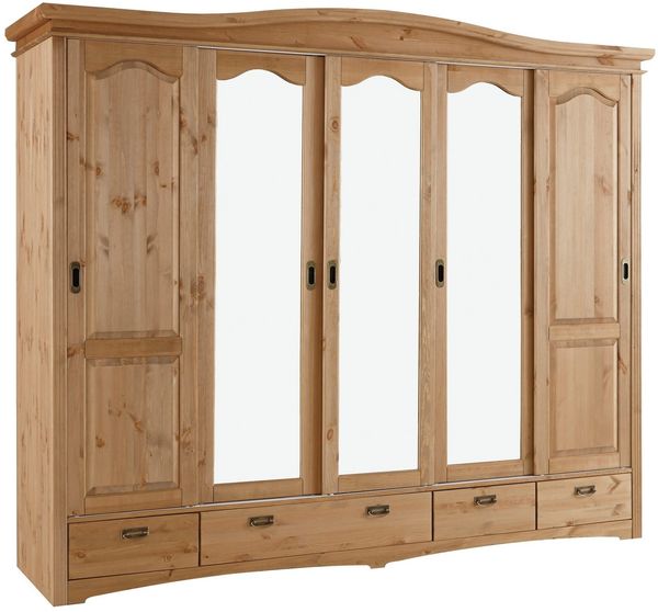 Home affaire Schiebetürenschrank Konrad, Landhausstil, rustikal, mit Schubladen + Spiegel, Kassetten massive Kiefer, FSC®-zertifiziert, Messinggriffe, mehrere Varianten