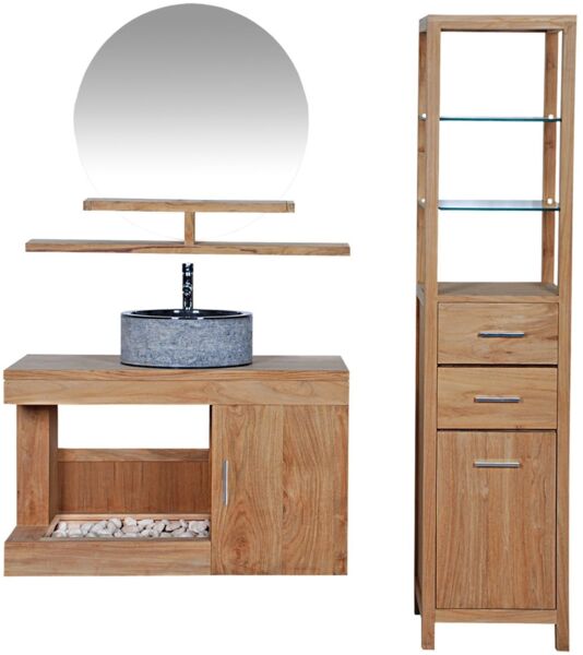 Badmöbel Set Sala Teak Massivholz - Breite vom Unterschrank: 120 cm - Breite vom Spiegel: ohne Spiegel - Anzahl der Hochschränke: 1 Hochschrank - Handtuchhalter: ohne Handtuchhalter