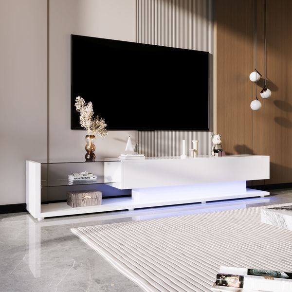 TV-Schrank 170 cm Weiß Hochglanz mit LED-Beleuchtung, modernes Lowboard mit 2 Schubladen und 2 Glasregalen