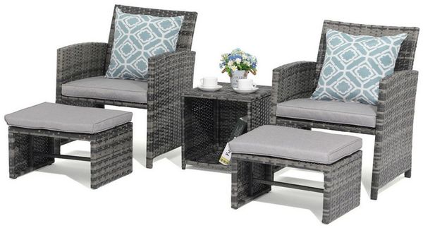 JOIVI Balkonset Balkonmöbel-Set, 5-tlg Rattan Gartenmöbel-Set, (2er Gartensessel mit Beistelltisch&Hocker,Gartensitzgruppe inkl), Sitzkissen&Rückenkissen, Gartensofa Set für Garten Indoor Balkon, Grau
