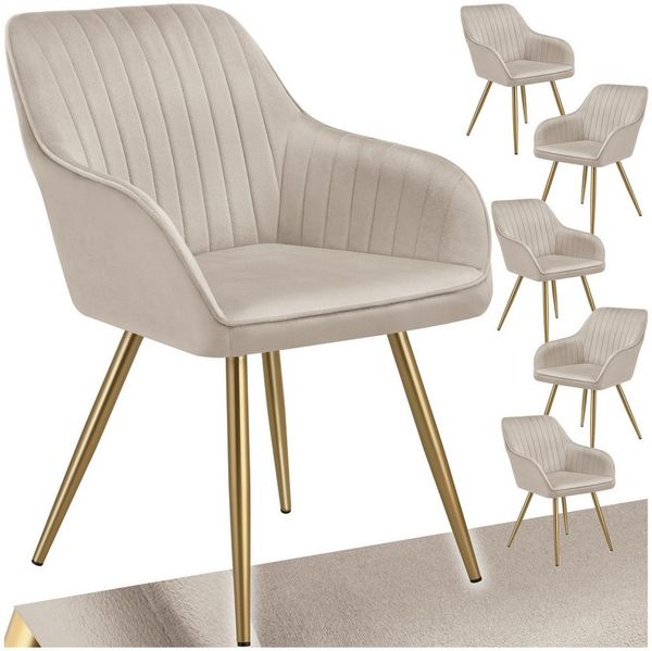 tectake Esszimmerstuhl Polstersessel gepolstert, in Samtoptik, gesteppt, 58 x 62 x 82 cm (Küchenstuhl Marilyn in taupe/gold, 6 St), schlanke, goldene Stahlbeine, bodenschonend, Belastbarkeit 120 kg