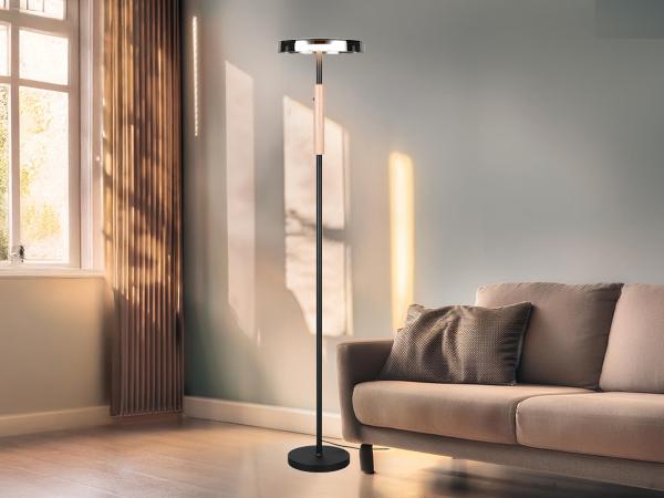 Dimmbare LED Stehleuchte CELESTE mit Holzelement & Glasschirm, Höhe 160cm