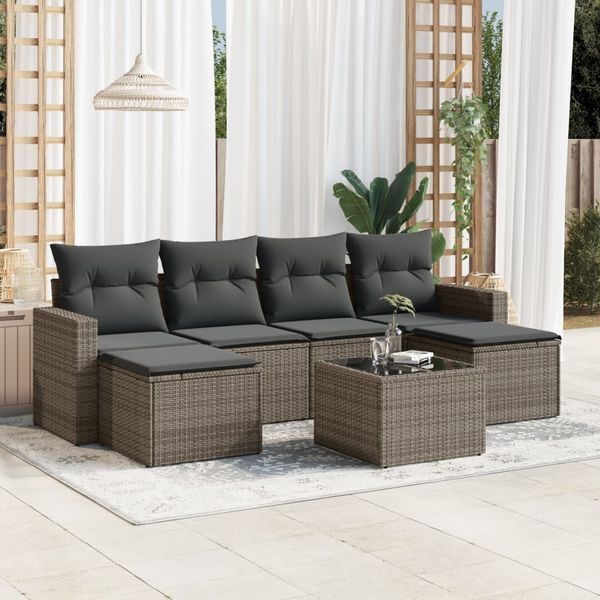 vidaXL 7-tlg. Garten-Sofagarnitur mit Kissen Grau Poly Rattan 3219320