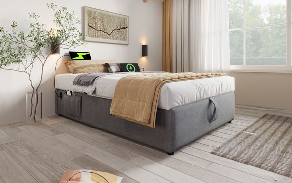 Bett 90x200 cm mit Bettkasten und USB-/Type-C-Anschlüssen, Leinenbezug in Grau