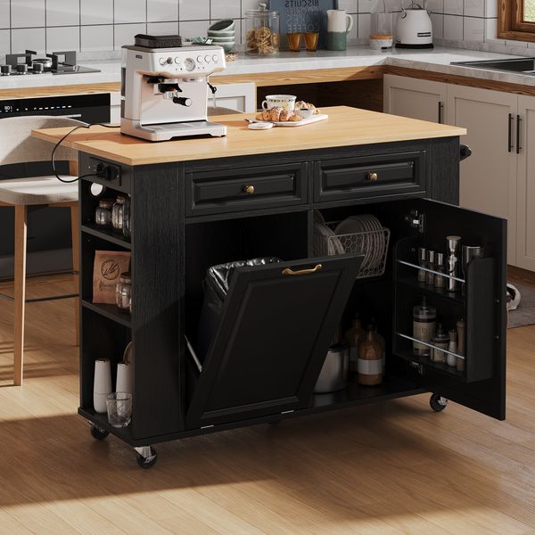 Kücheninsel mit Rollen, Ausziehbarer Esstisch, Kücheninsel mit Abfallbehälterfach und Handtuchhalter, Mobile Servierwagen mit Steckdosenleisten, Ideal für Küche und Esszimmer (Schwarz)