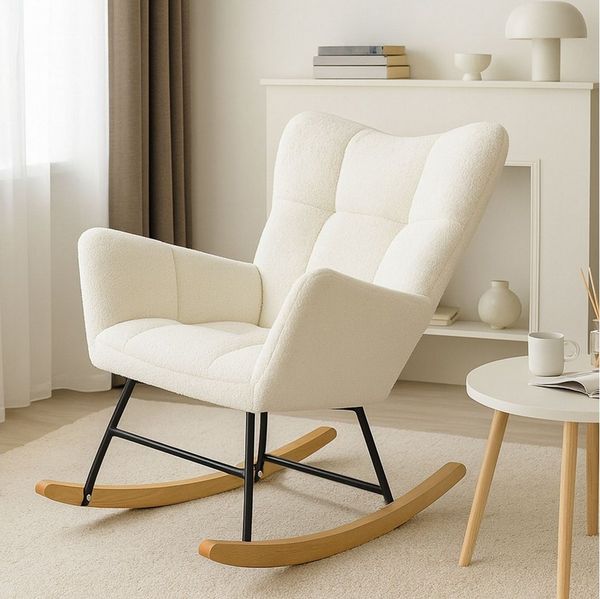 Allyson Schaukelstuhl Schaukelstuhl Teddy Plüsch – Lounge-Sessel mit hoher Rückenlehne, Ergonomische Rückenlehne, sanfte Schaukelfunktion, 150kg.