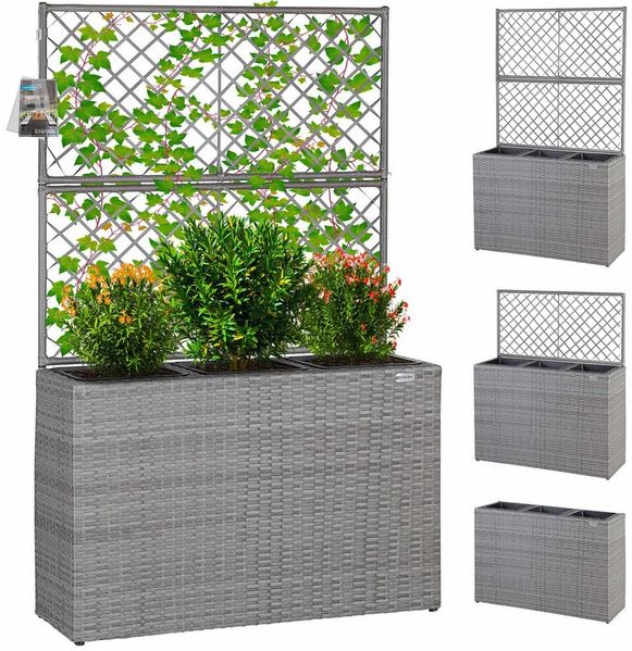 Casaria Blumenkasten, Blumenkasten Rankgitter 3 Innentöpfe Polyrattangeflecht Rankhilfe
